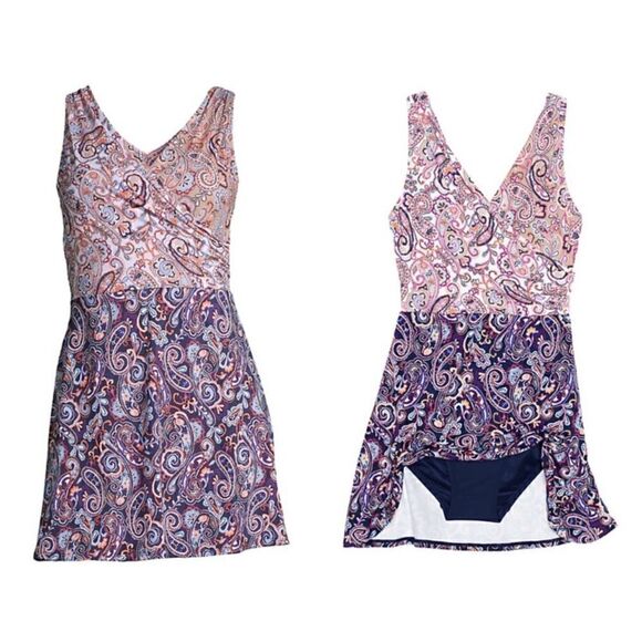 Land’s End Plus Size 1 Piece Swimsuit Dress Soft Cup Adjustable Navy Paisley Var - Picture 1 of 17